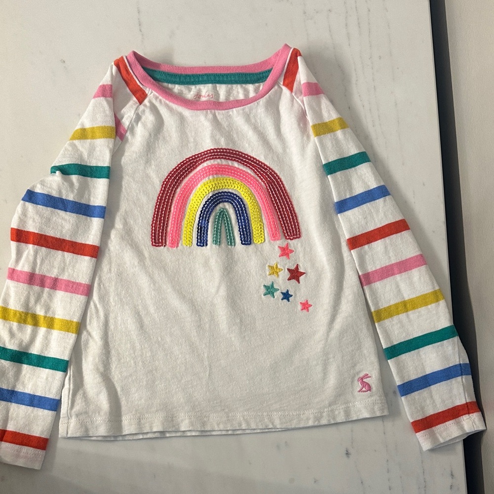 Joules Multicolor Striped Long Sleeve Tee with Sequin Rainbow Size 4